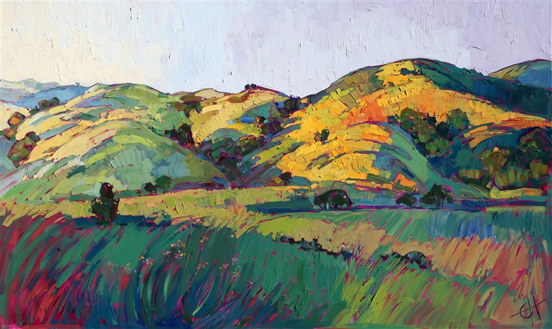 Paso Robles is an endless inspiration for the artist, each changing season offers a new color palette to explore. This rolling hills painting was captured in the early spring, when the golden hills begin to be dusted with new baby green grasses. The brush strokes in this painting are loose and impressionistic, each bold stroke effecting a contrasting nuance of color.