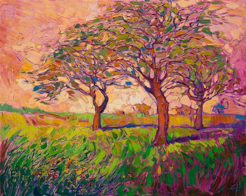 Coral hues glimmer lustrously in this landscape painting. The brush strokes are thick and impressionistic, creating a sense of movement throughout the painting.  This painting captures the transient beauty of an early dawn.

Painted on 1-1/2"-deep canvas, this work has been framed in a gold floater frame, to complement the warm colors in this piece.