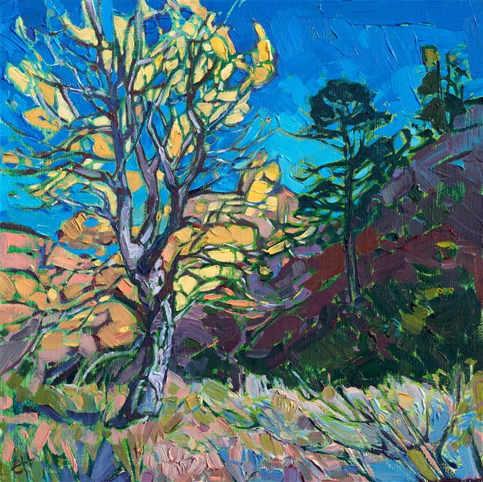 Inspired by a 5-day backpacking trip across Zion National Park, this painting captures the lively color and natural beauty of southern Utah in November. This petite painting was done on a linen panel, and it has been framed in a hand-carved gold frame.

This painting was displayed at the Zion Art Museum (located in Zion National Park) during the summer of 2017, for the exhibition <i><a href="https://www.erinhanson.com/Event/ErinHansonZionMuseum" target="_blank">Impressions of Zion</a></i>. 

This painting is being sold on consignment.