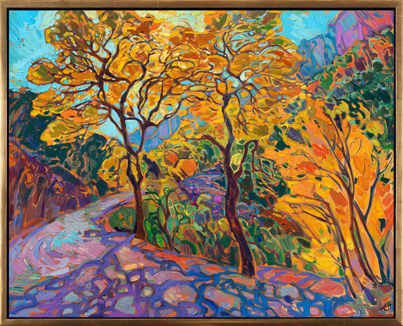 Cottonwood trees love growing near water, and they give Zion's canyon wash beautiful shade and pops of color in the autumn. This painting captures the cottonwood trees in Zion National Park in October.</p><p>This painting was exhibited at <i>Erin Hanson: Landscapes of the West </i> solo museum exhibition at the Sears Art Museum in St. George, Utah.