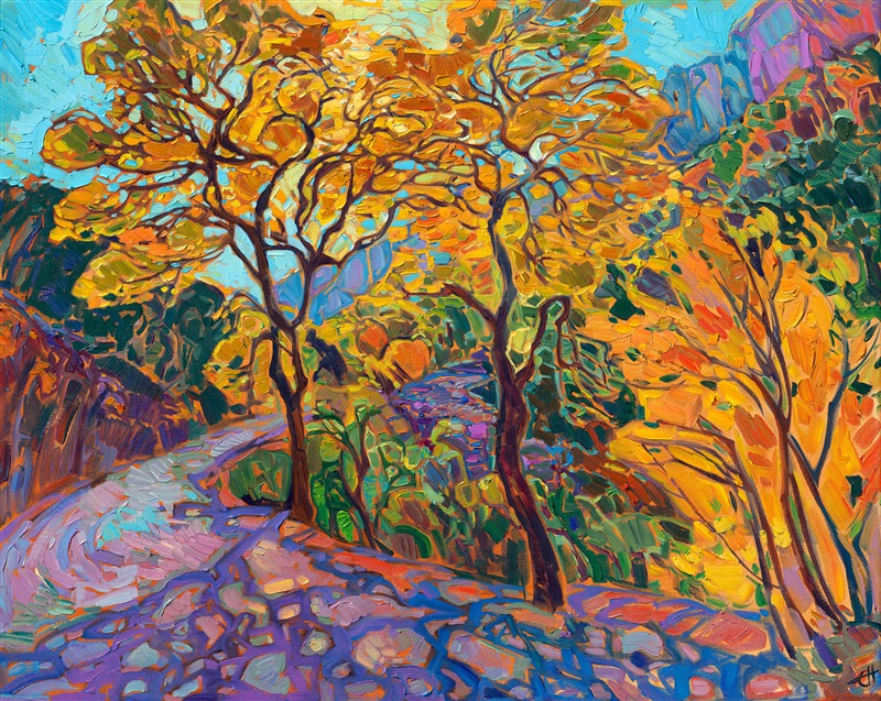 Cottonwood trees love growing near water, and they give Zion's canyon wash beautiful shade and pops of color in the autumn. This painting captures the cottonwood trees in October in Zion National Park.</p><p><b>Note:<br/>"Cottonwood Shadows" is available for pre-purchase and will be included in the <i><a href="https://www.erinhanson.com/Event/SearsArtMuseum" target="_blank">Erin Hanson: Landscapes of the West</a> </i>solo museum exhibition at the Sears Art Museum in St. George, Utah. This museum exhibition, located at the gateway to Zion National Park, will showcase Erin Hanson's largest collection of Western landscape paintings, including paintings of Zion, Bryce, Arches, Cedar Breaks, Arizona, and other Western inspirations. The show will be displayed from June 7 to August 23, 2024.</p><p>You may purchase this painting online, but the artwork will not ship after the exhibition closes on August 23, 2024.</b><br/><p>