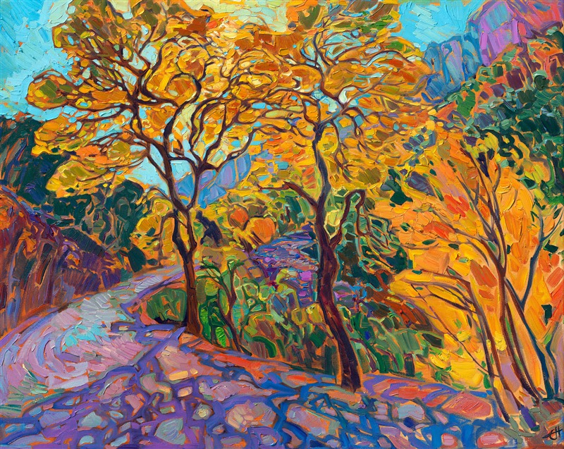 Cottonwood trees love growing near water, and they give Zion's canyon wash beautiful shade and pops of color in the autumn. This painting captures the cottonwood trees in Zion National Park in October.

This painting was exhibited at <i>Erin Hanson: Landscapes of the West </i> solo museum exhibition at the Sears Art Museum in St. George, Utah.