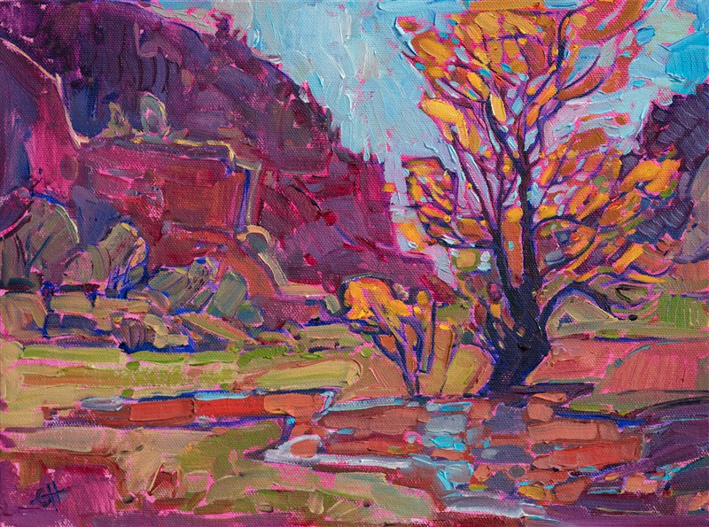 This painting of Hop Valley, a day's hike from Kolob Canyon, captures the beauty and peace of Zion's high plateaus.  This petite painting captures the grandeur of the scene with a few impressionistic brush strokes.  This painting was done on canvas board, and it has been framed in a hand-carved, plein air frame.</p><p><br/>This painting is hanging in the <i><a href="https://www.erinhanson.com/Event/ErinHansonZionMuseum" target="_blank">Impressions of Zion</a></i> exhibition, and this piece is available for viewing at the Zion Art Museum, in Springdale, UT. The exhibition dates are June 9th - August 27th, 2017.  All sold paintings will be shipped after the exhibition closes at the end of August.