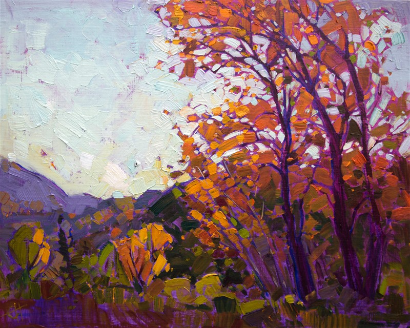 This painting was inspired by an early October trip through Utah, Colorado and New Mexico.  The fall colors were abundant and breathtaking.