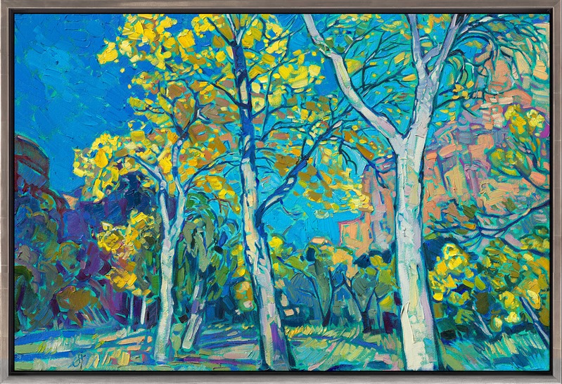Cottonwood trees line the road into the canyons of Zion National Park. In autumn their leaves turn brilliant shades of yellow. I love painting their bright colors against a backdrop of deep amethyst canyon walls.</p><p>This painting was exhibited at <i>Erin Hanson: Landscapes of the West </i> solo museum exhibition at the Sears Art Museum in St. George, Utah.