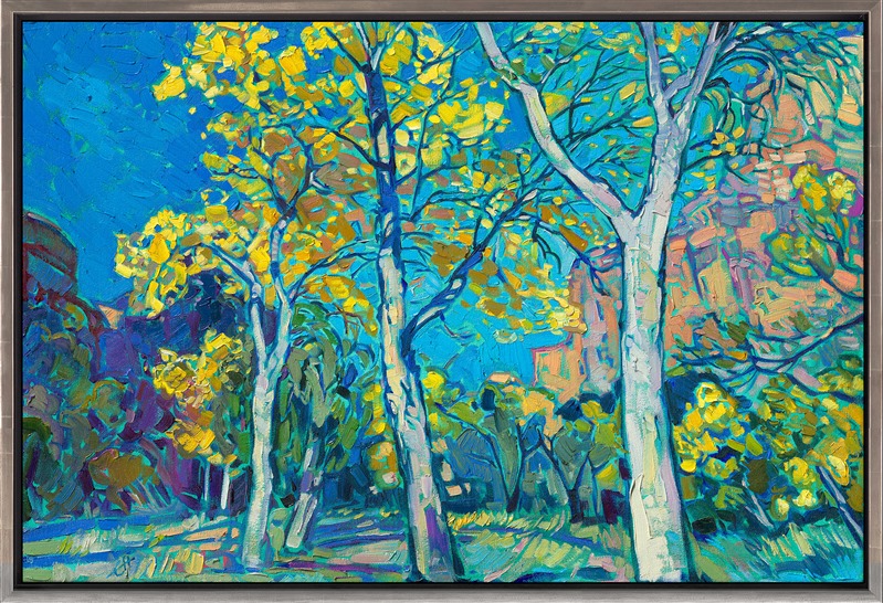 Cottonwood trees line the road into the canyons of Zion National Park. In autumn their leaves turn brilliant shades of yellow. I love painting their bright colors against a backdrop of deep amethyst canyon walls.</p><p><b>Note:<br/>"Cottonwoods at Zion" is available for pre-purchase and will be included in the <i><a href="https://www.erinhanson.com/Event/SearsArtMuseum" target="_blank">Erin Hanson: Landscapes of the West</a> </i>solo museum exhibition at the Sears Art Museum in St. George, Utah. This museum exhibition, located at the gateway to Zion National Park, will showcase Erin Hanson's largest collection of Western landscape paintings, including paintings of Zion, Bryce, Arches, Cedar Breaks, Arizona, and other Western inspirations. The show will be displayed from June 7 to August 23, 2024.</p><p>You may purchase this painting online, but the artwork will not ship after the exhibition closes on August 23, 2024.</b><br/><p>