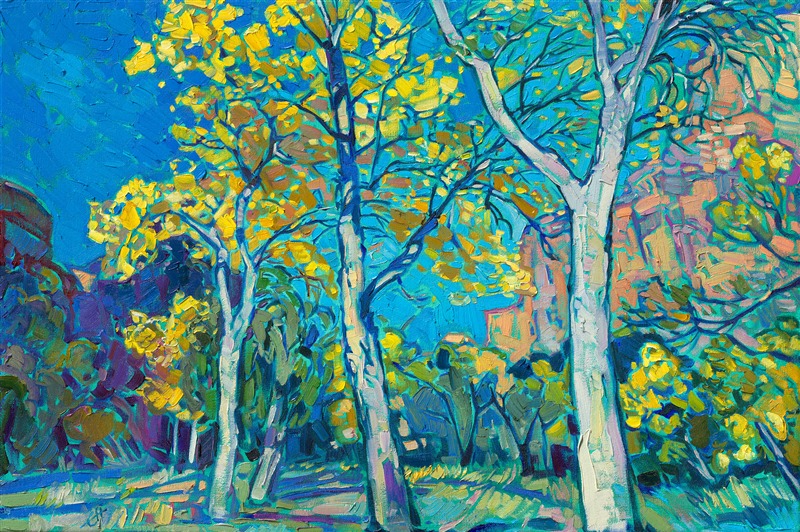 Cottonwood trees line the road into the canyons of Zion National Park. In autumn their leaves turn brilliant shades of yellow. I love painting their bright colors against a backdrop of deep amethyst canyon walls.

This painting was exhibited at <i>Erin Hanson: Landscapes of the West </i> solo museum exhibition at the Sears Art Museum in St. George, Utah.