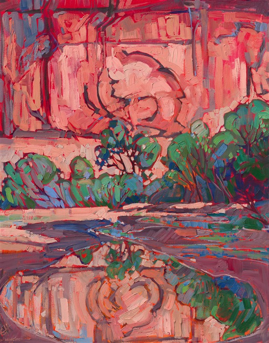 This piece is second in the series of cottonwood paintings inspired by Canyon de Chelly, Arizona. The reddish pink sandstone is the perfect contrast to the bright green leaves of the cottonwoods.  The brush strokes in this painting are thick and impressionistic, creating a mosaic of color and texture across the canvas.</p><p>This painting was created on 1-1/2" deep canvas. This piece arrives framed in a gold floater frame. <br/>