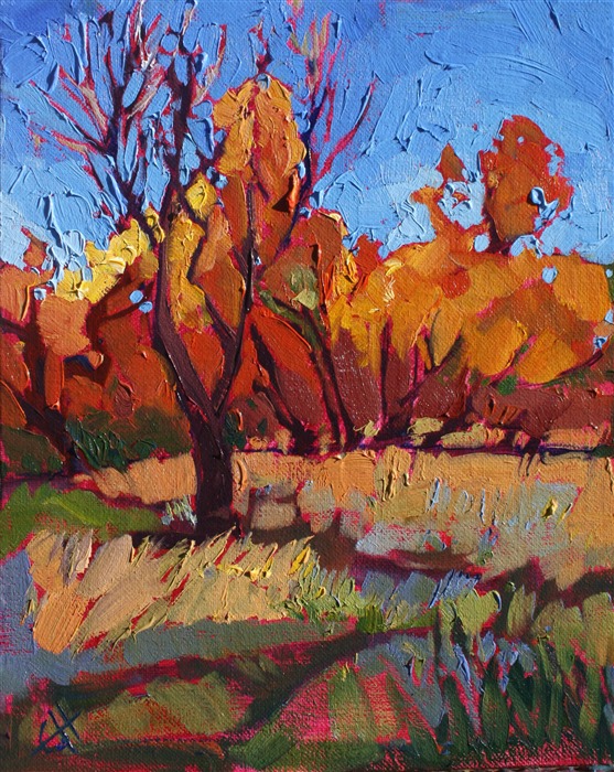 This small oil painting on board inspired the later painting "Cottonwood Flame." 