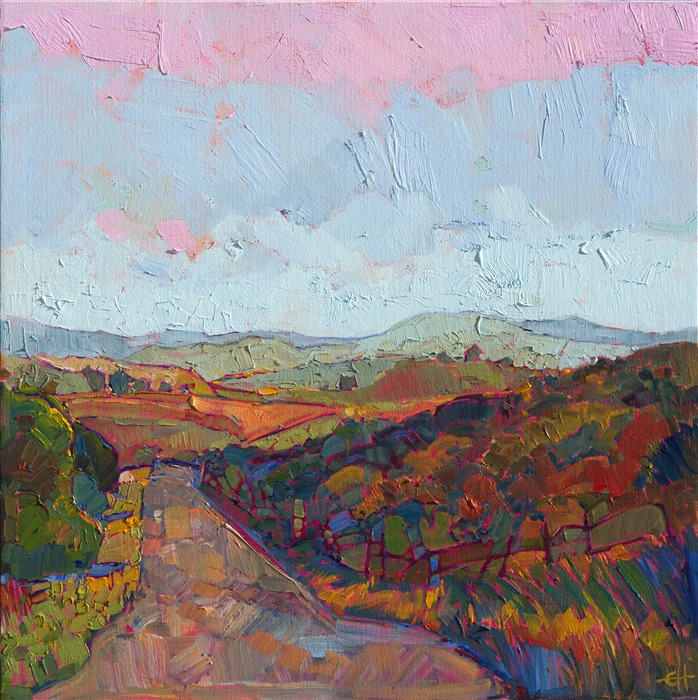 A patchwork of color follows this California road, inspired by driving through the roads of Paso Robles.  Unexpected color gleams from the cultivated landscape, drawing your eye deeper into the landscape.  This painting is full of beautifully textured oil paint applied in a loose, confident stroke.<br/>