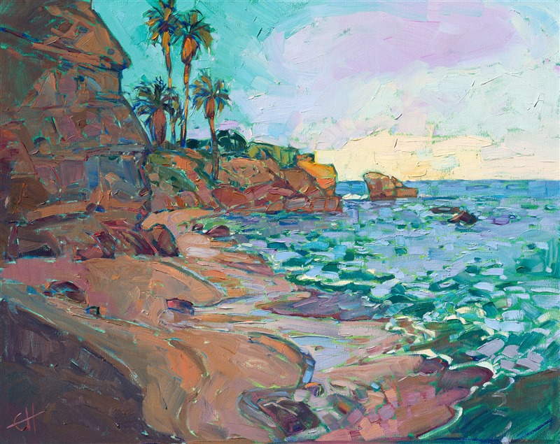 The La Jolla Cove is captured here in vibrant color and thick oil paint. The early morning light casts an orange hue across the tops of the rocky cliffs and California palm trees. The loose brush strokes have a beautiful, impressionistic feel, alive with color and motion.</p><p>This painting was done on 1-1/2" deep canvas with the painting continued around the edges for a finished look. The painting has been framed in a hand-carved floater frame.</p><p>Please note: this painting will be included in the exhibition <I><a href="https://www.erinhanson.com/Event/erinhansoncoastalcalifornia">Erin Hanson: Coastal California</I></a>, at The Erin Hanson Gallery, on June 24th.  The painting is available for purchase now, but it won't be shipped until June 26th.