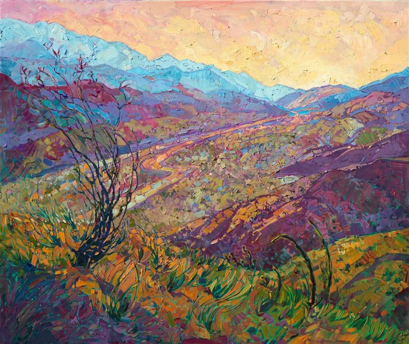 Coyote Canyon is a beautiful hiking destination near Borrego Springs, California, which turns into a rainbow of subtle colors after a rainstorm.  The dusky green buds and tender new growth cover the desert soil in a blanket of spring.  This painting brings the desert to life with an explosion of texture and color, each brush stroke dancing within the rhythm of the painting.</p><p>This painting was created on museum-depth canvas, with the painting continued around the edges of the stretched canvas. This painting looks beautiful hanging without a frame, or you may contact the artist for framing options.