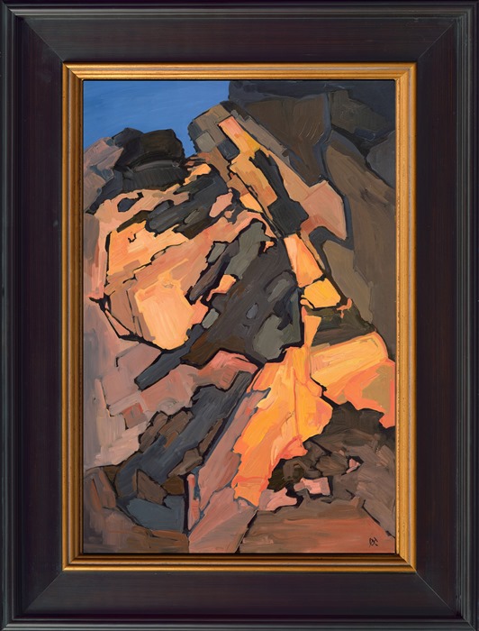 "Crack in the Rock" was one of the first paintings Erin Hanson ever painted in the style of Open Impressionism, painted while she was developing her style and rock climbing at Red Rock Canyon, Nevada. Her style of painting in distinct brushstrokes separated in mosaic-like shapes was developed in her attempt to capture the planes and dark cracks in the rock faces she loved to climb.</p><p>Erin's iconic style "Open Impressionism" is now taught in art schools worldwide, and her pieces hang in the permanent collections of many museums in the United States. This rare painting was made available for us to sell on consignment. </p><p>This painting captures Red Rock Canyon with an abstracted style. "Crack in the Rock" is a sport climb (meaning the route had bolts in it) in Red Rock.  The painting was done on 3/4" stretched canvas, and the piece arrives framed in a new 3.5"-wide black and gold plein air frame.</p><p><b>Note:<br/>"Crack in the Rock" is available for pre-purchase and will be included in the <i><a href="https://www.erinhanson.com/Event/SearsArtMuseum" target="_blank">Erin Hanson: Landscapes of the West</a> </i>solo museum exhibition at the Sears Art Museum in St. George, Utah. This museum exhibition, located at the gateway to Zion National Park, will showcase Erin Hanson's largest collection of Western landscape paintings, including paintings of Zion, Bryce, Arches, Cedar Breaks, Arizona, and other Western inspirations. The show will be displayed from June 7 to August 23, 2024.</p><p>You may purchase this painting online, but the artwork will not ship after the exhibition closes on August 23, 2024.</b><br/><p>