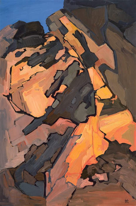 "Crack in the Rock" was one of the first paintings Erin Hanson ever painted in the style of Open Impressionism, painted while she was developing her style and rock climbing at Red Rock Canyon, Nevada. Her style of painting in distinct brushstrokes separated in mosaic-like shapes was developed in her attempt to capture the planes and dark cracks in the rock faces she loved to climb.</p><p>Erin's iconic style "Open Impressionism" is now taught in art schools worldwide, and her pieces hang in the permanent collections of many museums in the United States. This rare painting was made available for us to sell on consignment. </p><p>This painting captures Red Rock Canyon with an abstracted style. "Crack in the Rock" is a sport climb (meaning the route had bolts in it) in Red Rock.  The painting was done on 3/4" stretched canvas, and the piece arrives framed in a new 3.5"-wide black and gold plein air frame.