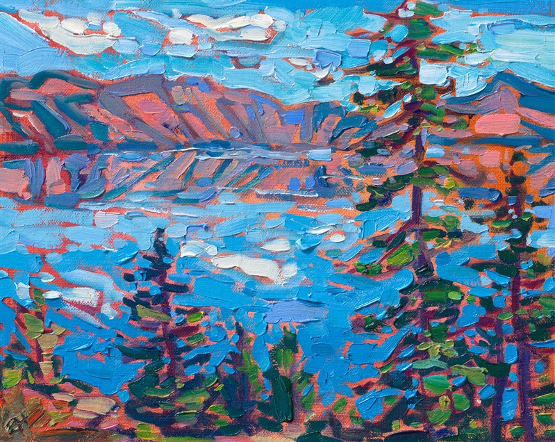 A petite work captures the epic landscape of Crater Lake in southern Oregon. The thickly applied brush strokes glisten with color and movement.</p><p>"Crater Lake in Petite" is an original oil painting on linen board, done in Erin Hanson's signature Open Impressionism style. The piece arrives framed in a wide, mock floater frame finished in black with gold edging.</p><p>This piece will be displayed in Erin Hanson's annual <i><a href="https://www.erinhanson.com/Event/petiteshow2023">Petite Show</i></a> in McMinnville, Oregon. This painting is available for purchase now, and the piece will ship after the show on November 11, 2023. 