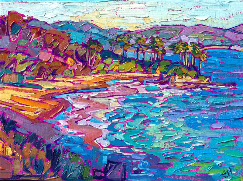 Southern California's coastline is captured here in thick brush strokes and vivid colors, by modern impressionist Erin Hanson.
