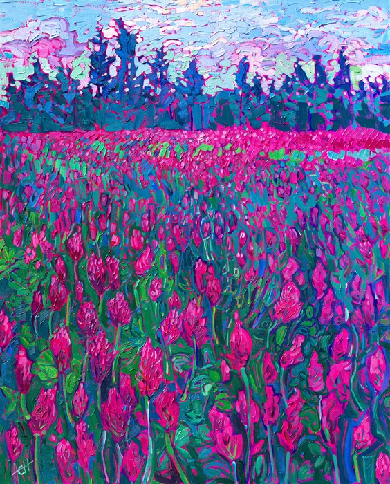 Endless fields of bright magenta-crimson clover grow in abundance around Oregon's Willamette Valley. The bees buzz happily above the clover, as the blooms brighten and become full of vibrant color.</p><p>"Crimson Clover" was created on stretched canvas, with the painting arrived framed in a burnished silver floater frame. This piece was created in a contemporary style known as Open Impressionism.