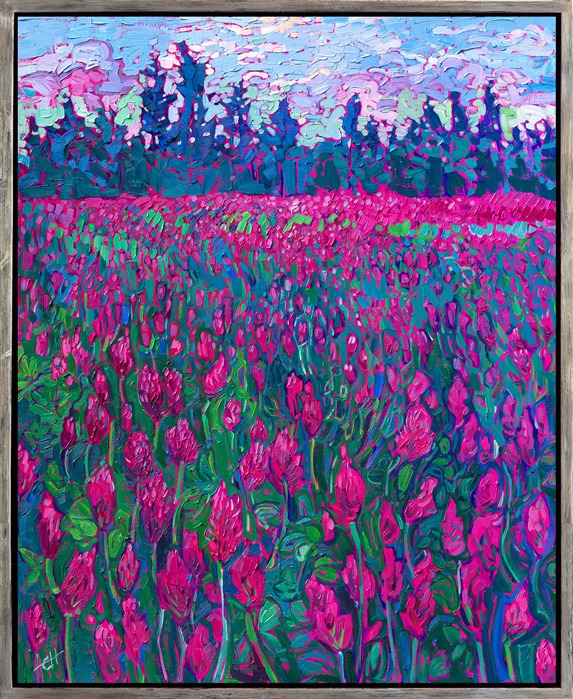 Endless fields of bright magenta-crimson clover grow in abundance around Oregon's Willamette Valley. The bees buzz happily above the clover, as the blooms brighten and become full of vibrant color.</p><p>"Crimson Clover" was created on stretched canvas, with the painting arrived framed in a burnished silver floater frame. This piece was created in a contemporary style known as Open Impressionism.