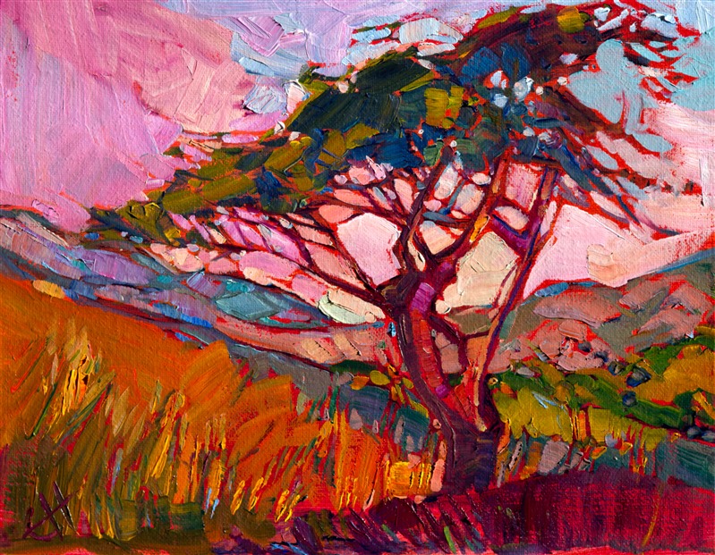 San Luis Obispo comes alive with color in this modern expressionist oil painting.  The brush strokes are loose and vibrant with color and motion.</p><p>This small oil painting arrives framed and ready to hang.