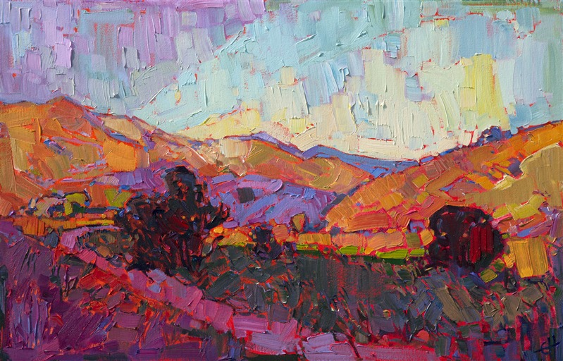 A contemporary blend of color, this painting is truly a painter's impression of a landscape, which each wide, buttery stroke capturing the life and motion of the outdoors.  This painting seems to have a rhythm of its own, with changing texture and color in harmony together.</p><p>This landscape painting was created on gallery-depth canvas, with the painting continued around the edges of the canvas.  The painting has been framed in a beautiful floater frame, and it arrives wired and ready to hang.  This frame has a gold face which compliments the colors in this painting.
