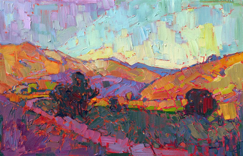 A contemporary blend of color, this painting is truly a painter's impression of a landscape, which each wide, buttery stroke capturing the life and motion of the outdoors.  This painting seems to have a rhythm of its own, with changing texture and color in harmony together.

This landscape painting was created on gallery-depth canvas, with the painting continued around the edges of the canvas.  The painting has been framed in a beautiful floater frame, and it arrives wired and ready to hang.  This frame has a gold face which compliments the colors in this painting.