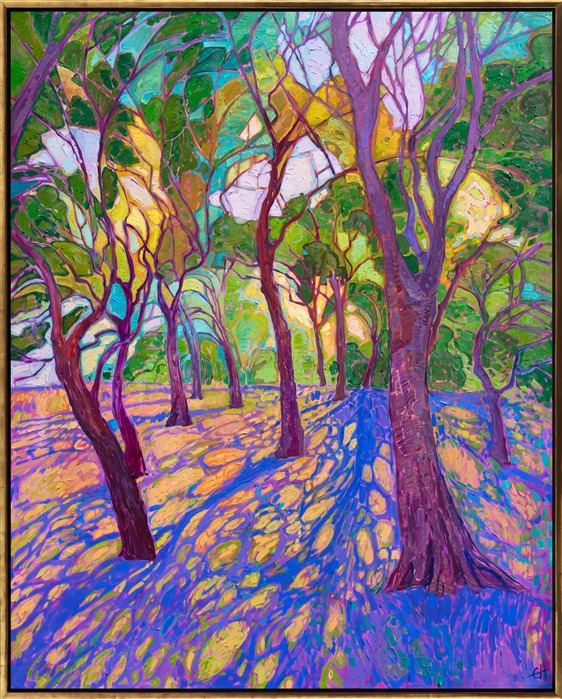 This "Crystal Light Series" painting captures the light cast beneath the trees of Texas cottonwoods, inspired by a park in Richardson, TX. The brush strokes are loose and expressive, capturing the vibrant light of early morning with a stained-glass effect. </p><p>"Crystal Arbor" was created on 1-1/2" canvas, with the edges of the canvas painted. The piece arrives framed in a simple, contemporary gold leaf floater frame.