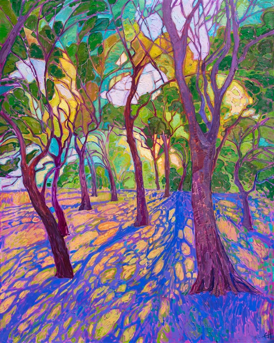 This "Crystal Light Series" painting captures the light cast beneath the trees of Texas cottonwoods, inspired by a park in Richardson, TX. The brush strokes are loose and expressive, capturing the vibrant light of early morning with a stained-glass effect. </p><p>"Crystal Arbor" was created on 1-1/2" canvas, with the edges of the canvas painted. The piece arrives framed in a simple, contemporary gold leaf floater frame.