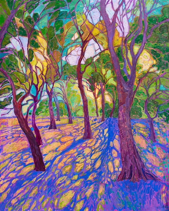 This "Crystal Light Series" painting captures the light cast beneath the trees of Texas cottonwoods, inspired by a park in Richardson, TX. The brush strokes are loose and expressive, capturing the vibrant light of early morning with a stained-glass effect. 

"Crystal Arbor" was created on 1-1/2" canvas, with the edges of the canvas painted. The piece arrives framed in a simple, contemporary gold leaf floater frame.