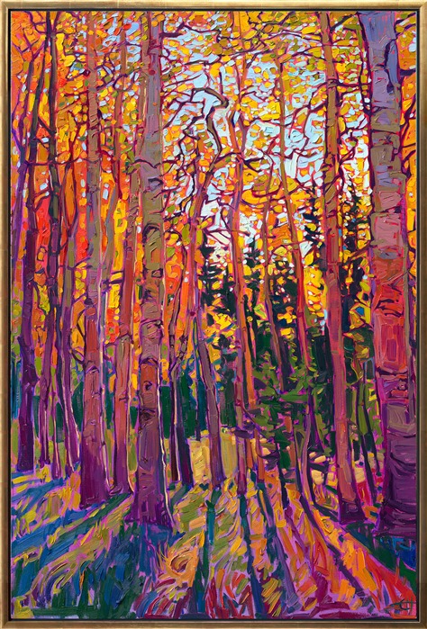 Crystalline light filters through the branches of golden aspen trees, their flickering, coin-shaped leaves catching and reflecting the sunlight. The brush strokes are thick and impressionistic, capturing the transient beauty of the scene.</p><p>"Crystal Aspen" was created on 1-1/2" canvas, with the sides of the canvas painted. The piece arrives framed in a contemporary gold floater frame.