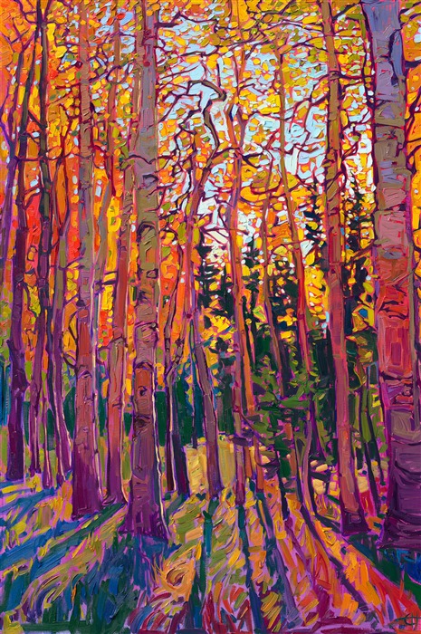 Crystalline light filters through the branches of golden aspen trees, their flickering, coin-shaped leaves catching and reflecting the sunlight. The brush strokes are thick and impressionistic, capturing the transient beauty of the scene.</p><p>"Crystal Aspen" was created on 1-1/2" canvas, with the sides of the canvas painted. The piece arrives framed in a contemporary gold floater frame.