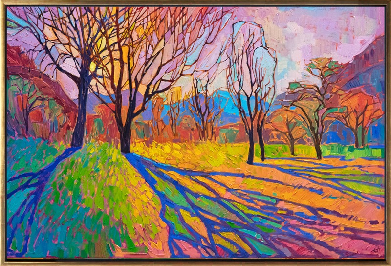 Autumn trees cut out crystalline light patterns in the cool sky above, while the low sun casts dramatic shadows across the landscape. Expressionistic color explodes across the canvas in a butterfly pattern of scintillating light.</p><p>"Crystal Autumn" was created on 1-1/2" canvas, with the painting continued around the edges. The painting arrives framed in a contemporary gold floater frame.