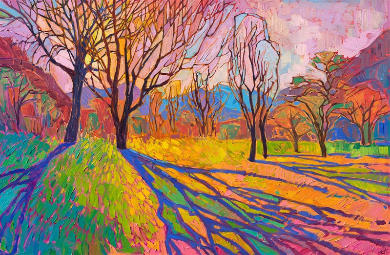 Autumn trees cut out crystalline light patterns in the cool sky above, while the low sun casts dramatic shadows across the landscape. Expressionistic color explodes across the canvas in a butterfly pattern of scintillating light.</p><p>"Crystal Autumn" was created on 1-1/2" canvas, with the painting continued around the edges. The painting arrives framed in a contemporary gold floater frame.