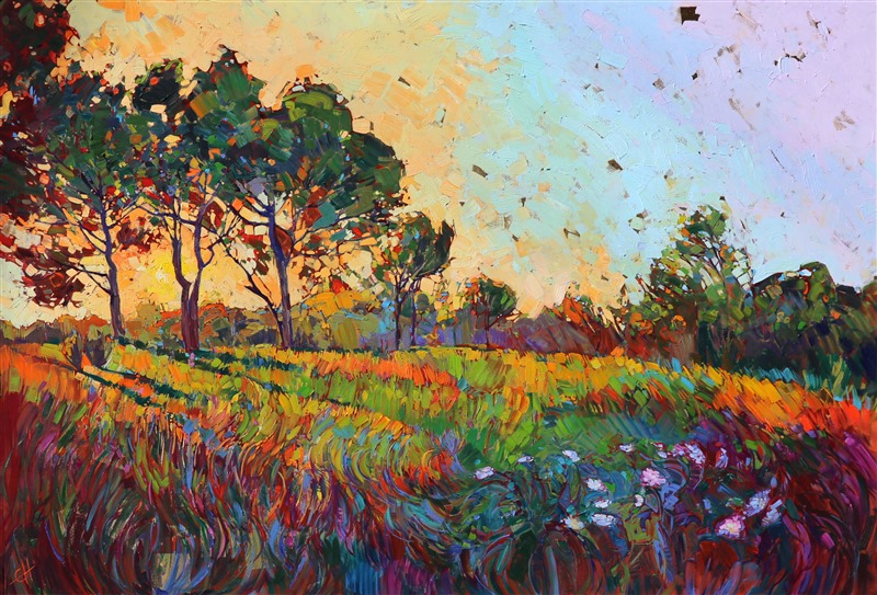Crystal light filters through the oaks and grasses, splintering into a magnificent array of color.  The texture of the oil paint jumps from the surface of the canvas, creating motion and depth within the painting. </p><p>This original oil painting was created over an application of 24 karat gold leaf. The genuine gold glints through the layers of oil paint, catching the light in a subtle and surprising manner.</p><p>The painting was created on 3/4" canvas and comes framed a 6" polished wooden frame.  Additional photos are available upon request.