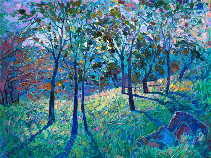 Crystalline color sparkles through the cool trees in this magical landscape painting.  The brush strokes are thick and impressionistic, forming a mosaic pattern of light and shadow across the canvas.</p><p>This painting was created on 1-1/2"-deep canvas, and it has been framed in a custom-made and hand-carved Open Impressionist frame.