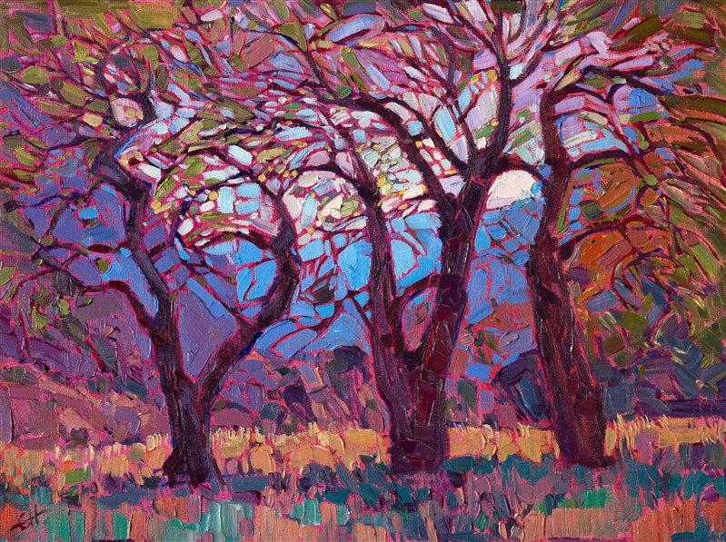 Crystalline color glitters through this grove of cottonwood trees in Canyon de Chelly, Arizona.  The abstract shapes of the criss-crossing leaves and branches create brilliant pattersn of light and color on the canvas.

This small oil painting was created on canvas-wrapped board.  It has been framed in a traditional plein air frame, and it arrives ready to hang.