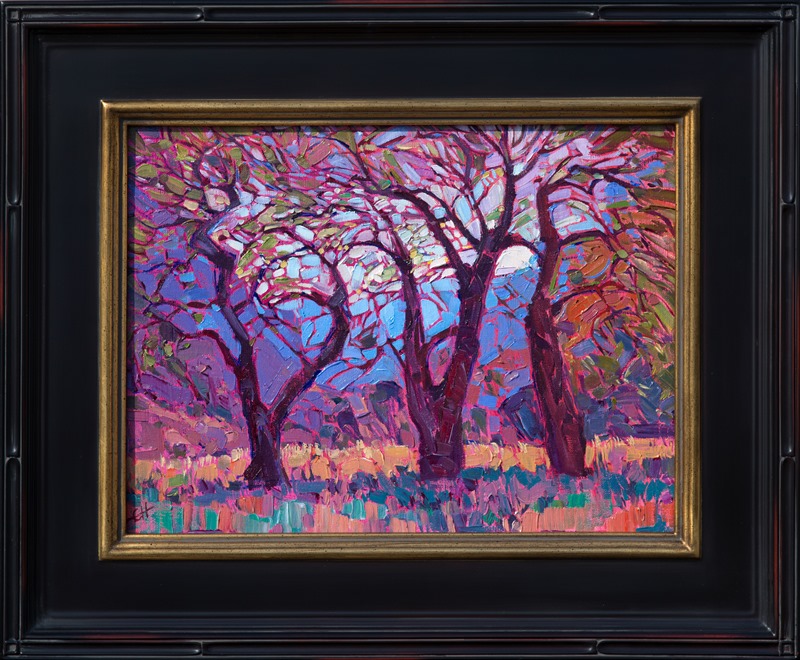 Crystalline color glitters through this grove of cottonwood trees in Canyon de Chelly, Arizona.  The abstract shapes of the criss-crossing leaves and branches create brilliant pattersn of light and color on the canvas.</p><p>This small oil painting was created on canvas-wrapped board.  It has been framed in a traditional plein air frame, and it arrives ready to hang.