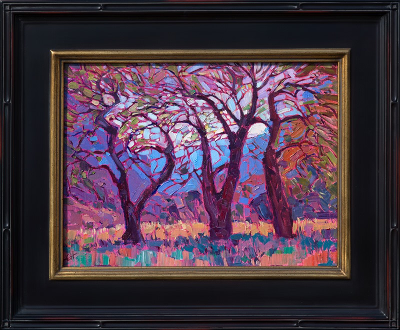 Crystalline color glitters through this grove of cottonwood trees in Canyon de Chelly, Arizona.  The abstract shapes of the criss-crossing leaves and branches create brilliant pattersn of light and color on the canvas.</p><p>This small oil painting was created on canvas-wrapped board.  It has been framed in a traditional plein air frame, and it arrives ready to hang.