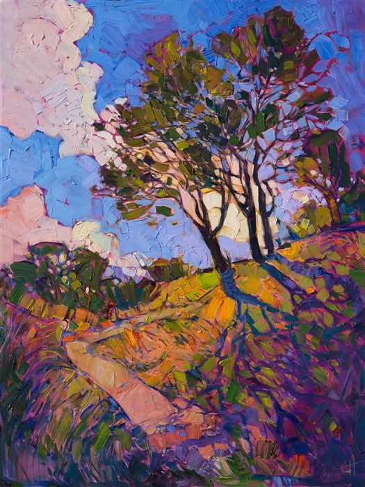 Crystalline light filters through these graceful hill-top trees. The changing color of the afternoon light is reflected in the spring green grass and winding pathway.  The painting is alive with drama and movement, counteracted with a sense of peaceful restfulness.</p><p>This painting was created on 1-1/2" deep canvas, with the painting continued around the edges of the painting.  The painting has been framed in a gold floater frame, and it arrives wired and ready to hang.