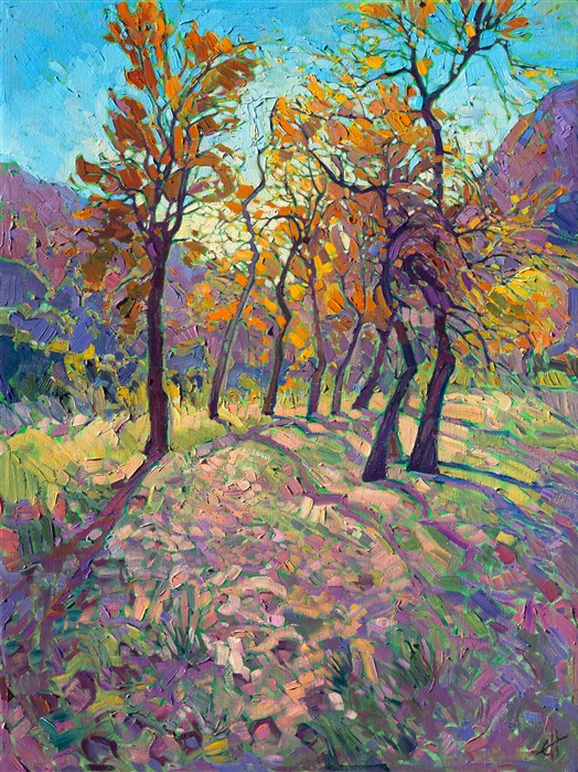 Inspired by backpacking in the early morning through Hop Valley, near Zion National Park, this painting captures the early morning light filtering through the autumn cottonwood trees.  The red rock cliffs surround the valley, a beautiful contrast to the golden leaves.</p><p>This painting was created in the Open-impressionist style, with loose brush strokes and thickly applied oil paint.  The mosaic quality of the brushwork creates a delicate stained glass appearance to the landscape, adding a dreamlike feel.</p><p>This painting was created on a gallery-depth canvas with the painting continued around the edges. The painting will arrive in a beautiful hardwood floater frame, ready to hang.</p><p>Exhibited: St George Art Museum, Utah, in a solo exhibition celebrating the National Park's centennial: <i><a href="https://www.erinhanson.com/Event/ErinHansonMuseumShow2016" target="_blank">Erin Hanson's Painted Parks</a></i>, 2016.