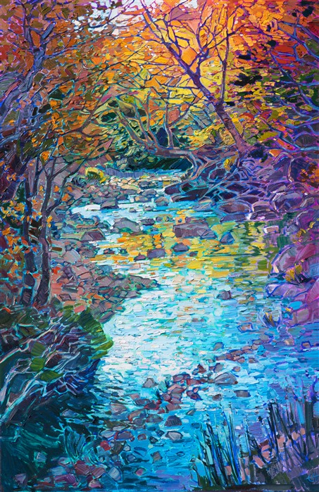 I came across this creek while leaf peeping in New England.  The afternoon light illuminated the maple tree from behind and created a refraction of crystal light that was beautiful to behold.  The brush strokes in the painting add a sense of movement to the piece.

This painting was created on 1-1/2" canvas, with the painting continued around the edges.  The piece will be framed in a simple gold floater frame.