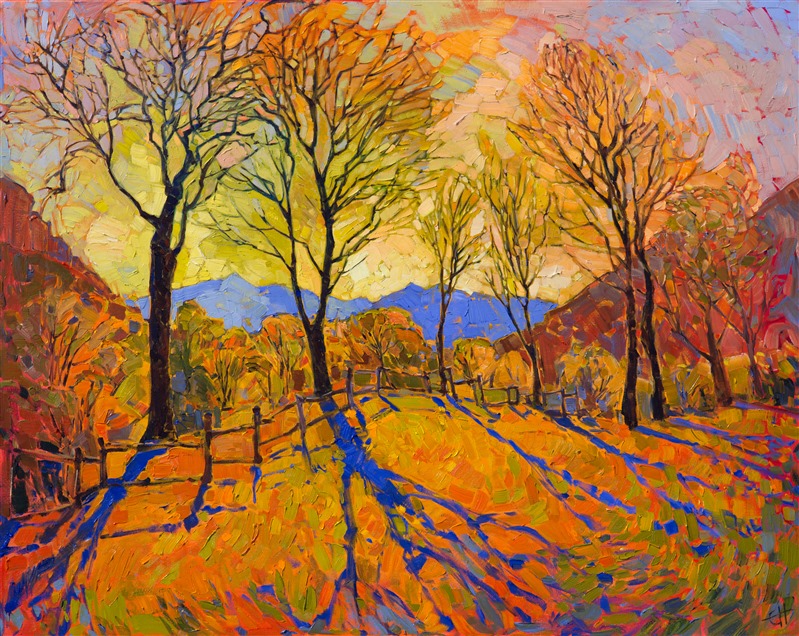 Crystalline light in warm autumn hues fills this landscape with ethereal color tones. Each brush stroke is alive with immediacy and energy, creating quite an emotional impact when the painting is seen in person.

This painting has been framed in an Open Impressionist frame.  These frames are one-of-a-kind, hand carved in the US and hand gilded with 23kt gold leaf.  The clay beneath the gold leaf is colored to complement the underpainting color in this oil painting.

The Open Impressionsist frame is a beautiful blend of classic American impressionist frames and contemporary "floater frames," just as Hanson's style is a unique blend of the classic and contemporary.  The frame is designed to stand away from the edge of the canvas, leaving a 1/4" gap around the painting, which allows you to experience every brush stroke on the canvas.  This "open" style of framing gives the painting room to expand and fill the eye, without losing any of the vivid color or delicate motion of the brush strokes.