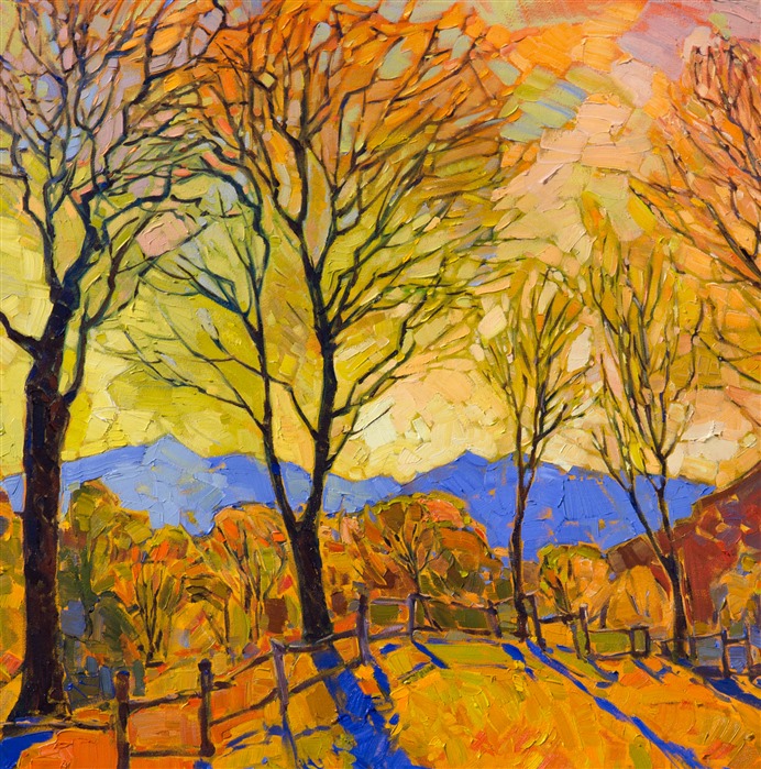 Crystalline light in warm autumn hues fills this landscape with ethereal color tones. Each brush stroke is alive with immediacy and energy, creating quite an emotional impact when the painting is seen in person.</p><p>This painting has been framed in an Open Impressionist frame.  These frames are one-of-a-kind, hand carved in the US and hand gilded with 23kt gold leaf.  The clay beneath the gold leaf is colored to complement the underpainting color in this oil painting.</p><p>The Open Impressionsist frame is a beautiful blend of classic American impressionist frames and contemporary "floater frames," just as Hanson's style is a unique blend of the classic and contemporary.  The frame is designed to stand away from the edge of the canvas, leaving a 1/4" gap around the painting, which allows you to experience every brush stroke on the canvas.  This "open" style of framing gives the painting room to expand and fill the eye, without losing any of the vivid color or delicate motion of the brush strokes.