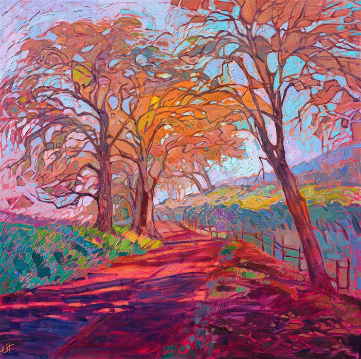 The coastal fog rises slowly above the winding vineyard paths of Paso Robles, California. The dawn sun rays sparkle with color, refracted by the early morning fog. The brush strokes are loose and expressive, capturing the feeling of being out of doors.

"Crystal Fog" was created on 1-1/2" canvas, with the painting continued around the edges. The piece arrives framed in a contemporary gold floater frame.