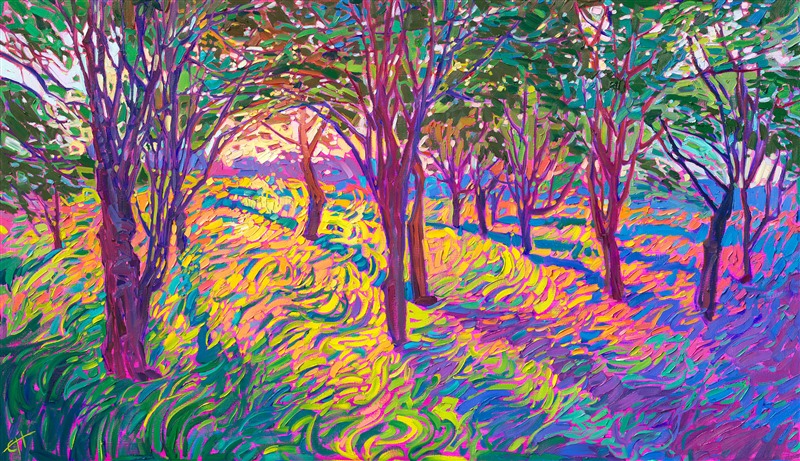 Waves of impressionistic color ripple through the windswept grasses in this painting of the Willamette Valley, Oregon. The overhanging trees create overlapping patterns of color and texture between their branches. Thickly applied oil paint adds a sense a movement to the painting.</p><p>"Crystal Grass" was created on 1-1/2" canvas, and the piece arrives framed in gold floater frame, ready to hang.