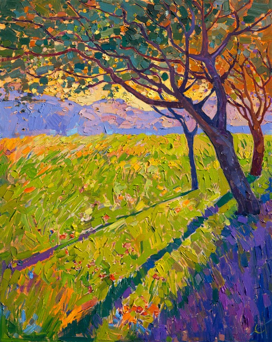 Crystal light filters through these California oaks, spreading shadows across the apple green grass.  The rich purple shadows sparkle with color, while the brush strokes create a vivid mosaic of color and texture across the canvas.