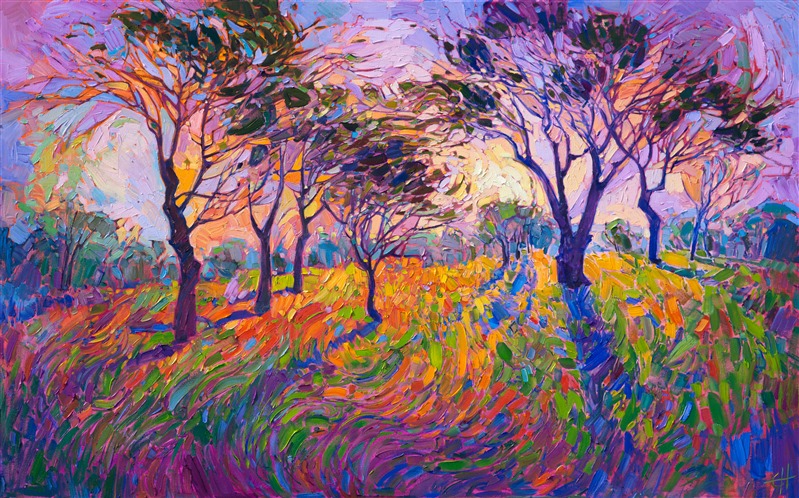 The newest addition to the Crystal Light series, this painting captures light and motion in the landscape with vivid color and thickly applied brush strokes.  The tree branches form abstract mosaics of variegated light, while long shadows stretch across the grass.</p><p>This painting was created on 1-1/2" deep canvas, with the painting continued around the edges.  The painting has been framed in a gold floater frame and arrives ready to hang.