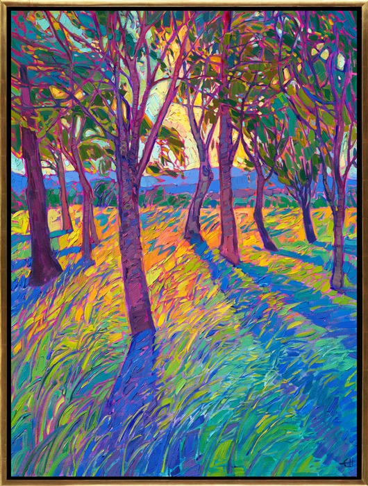 Long shadows dance across the tall summer grass in this Open Impressionism painting of the Oregon countryside. This painting is part of Erin's classic "Crystal Light" series, inspired by crystalline, refracted light seen through tree branches.</p><p>"Crystal Grove II" is an original oil painting on stretched canvas. The piece arrives framed in a gold floating frame finished in 23kt burnished gold leaf.