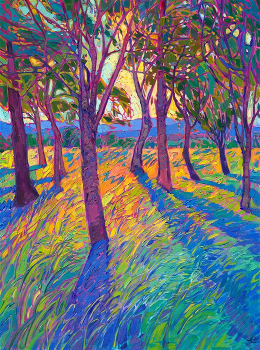 Long shadows dance across the tall summer grass in this Open Impressionism painting of the Oregon countryside. This painting is part of Erin's classic "Crystal Light" series, inspired by crystalline, refracted light seen through tree branches.</p><p>"Crystal Grove II" is an original oil painting on stretched canvas. The piece arrives framed in a gold floating frame finished in 23kt burnished gold leaf.