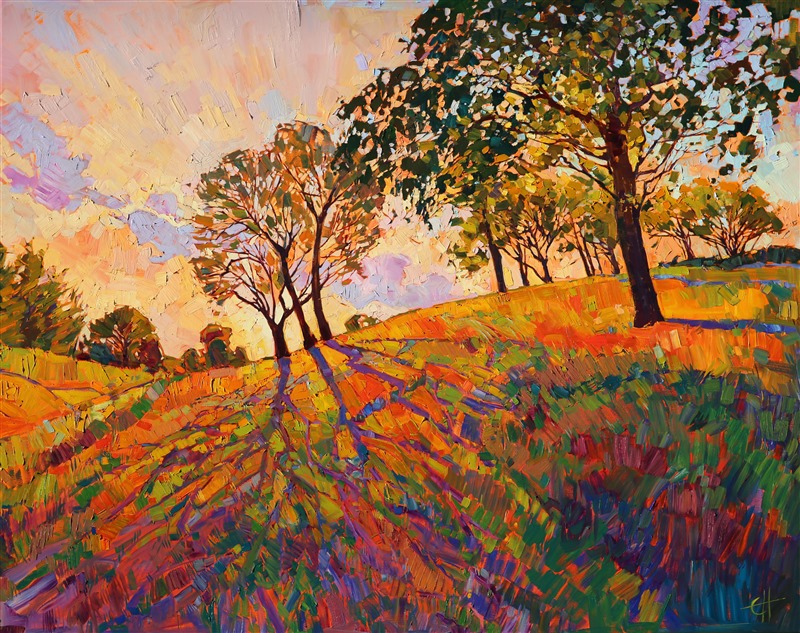 Crystal light sparkles through the trees, casting dramatic shadows across the hills. The warm, inviting colors of the afternoon sky are interspersed with cool lavender and green. This expressive painting will bring life and color to any home.</p><p>This painting was an Artavita first place contest winner and was featured in the World Wide Art Los Angeles convention in 2014.