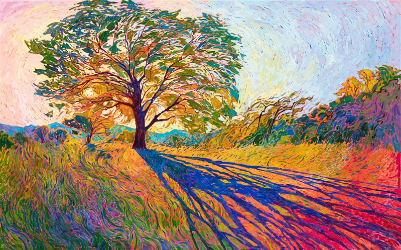 Crystalline light filters through the oak tree in this impressively large oil painting of Texas hill country. The brush strokes are thick and impressionistic, conveying a sense of movement throughout the painting. The colors vibrate with intensity, capturing the beauty of the wide outdoors.</p><p>"Crystal Hues" was created on 1-1/2" canvas, with the painting continued around the edges. The piece arrives framed in a hand-carved, gold open impressionism frame.